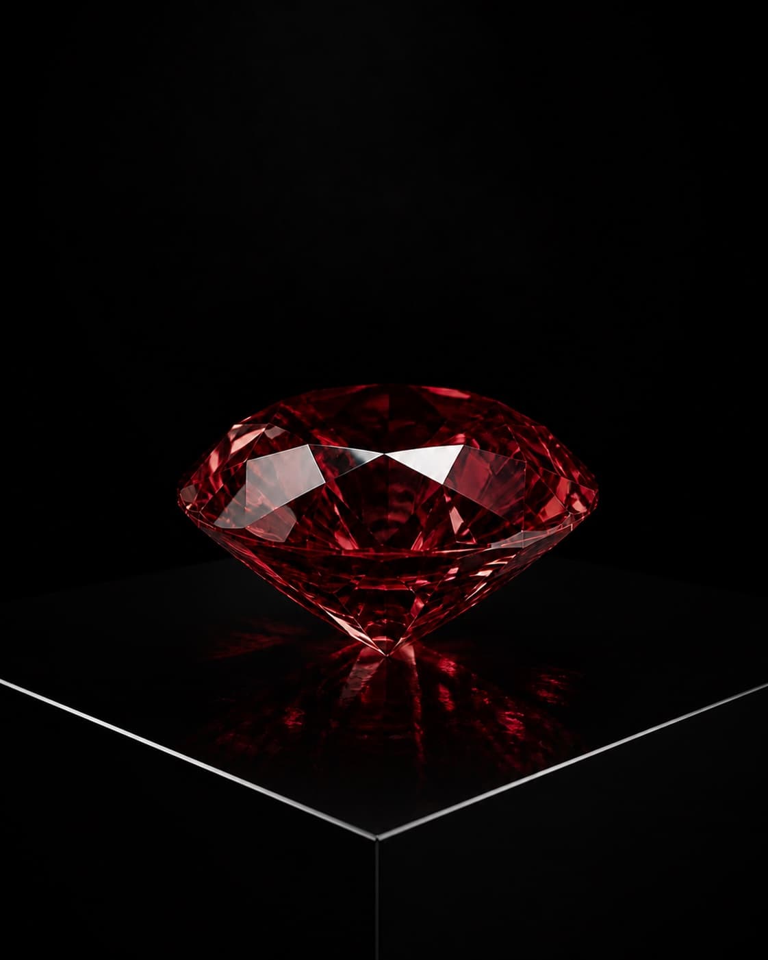 Stone number 001, a deep-crimson faceted stone on black obsidian